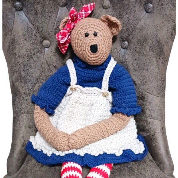 Vintage BIG Hand Crocheted Stuffed Teddy Bear Americana Girl Draft Blocker 32" H - Picture 5 of 7